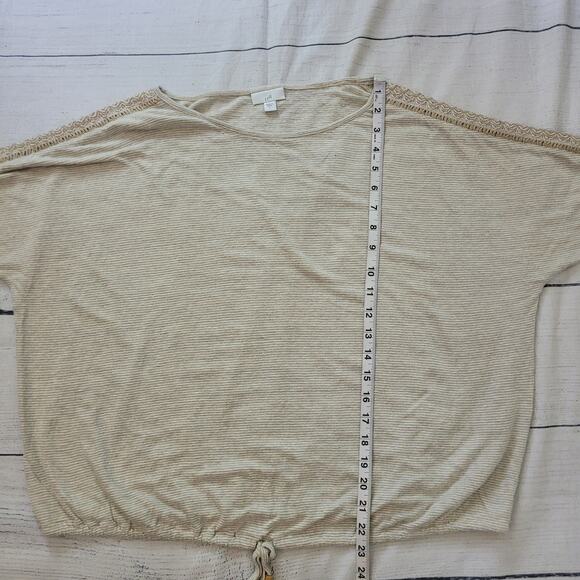 J. Jill Size L Tan Striped Knit Batwing Top Crochet Trim Casual Boho Mature - Picture 4 of 9